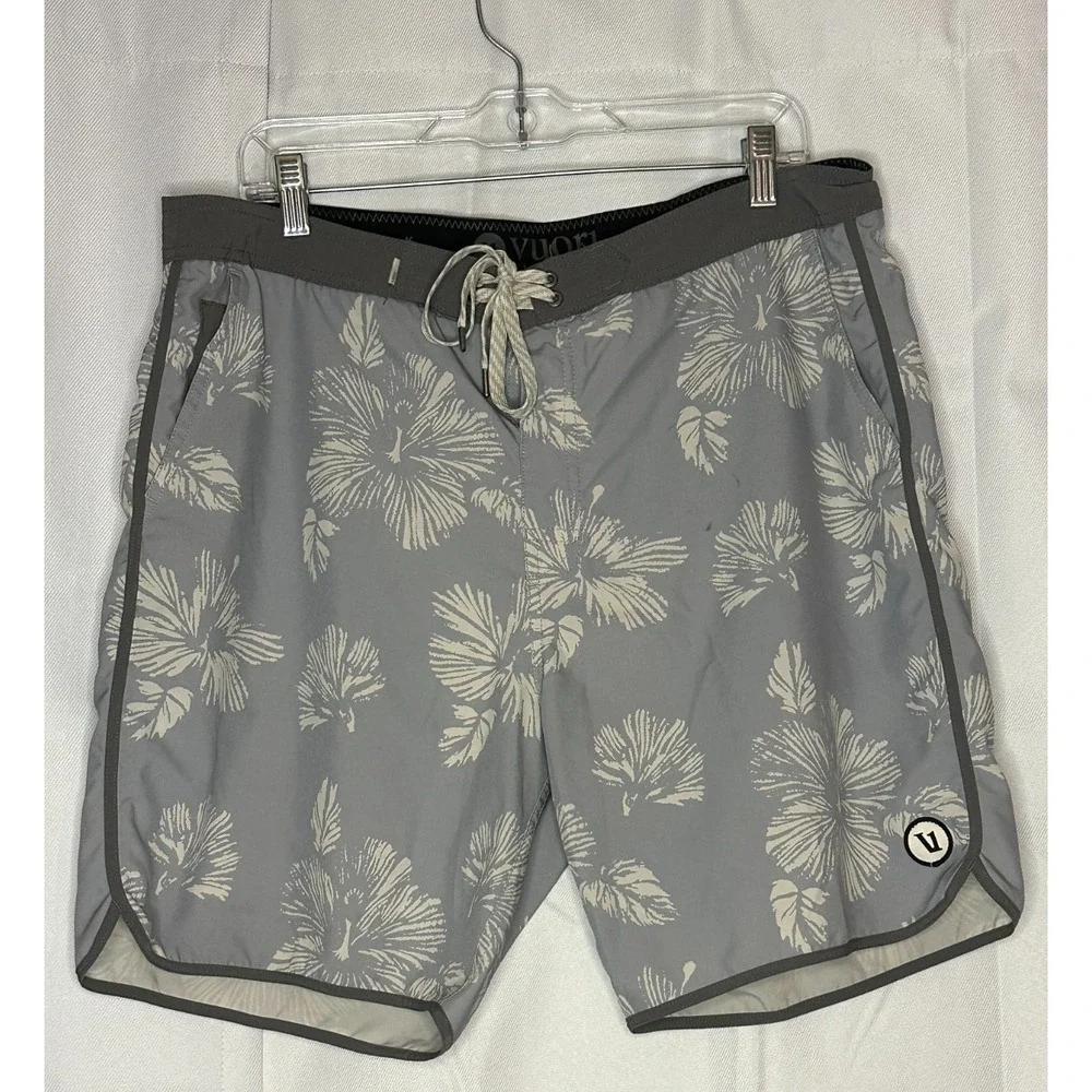 Vuori Mens 36 Boardshorts Gray Floral Hibiscus Swim Surf Trunks V314 8 Inseam
